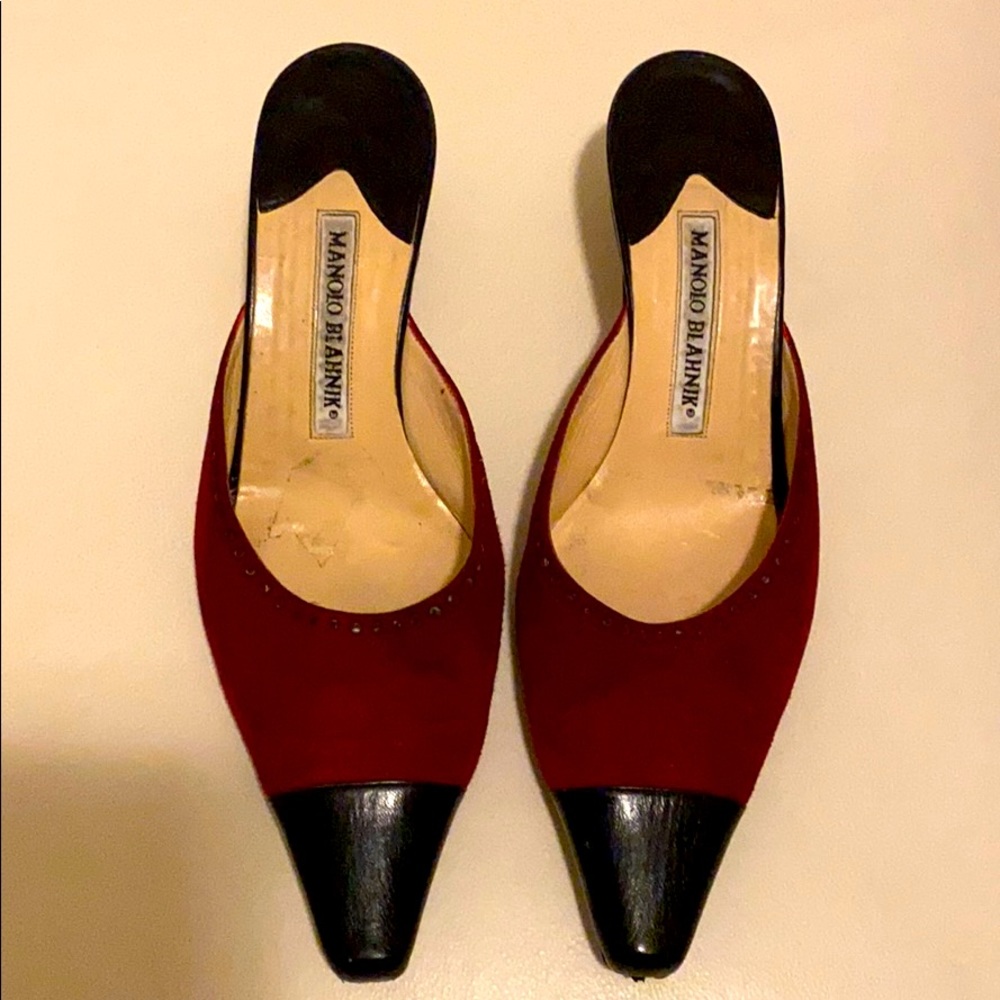 Manolo Blahnik Bordeaux/Black Suede & Leather Mule